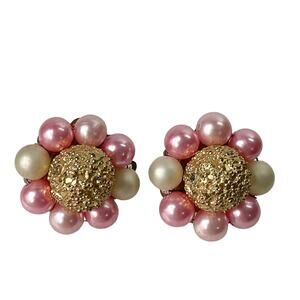 1960s Signed Japan Pink White Plastic & Textured Gold Plate Beaded Clip Earrings